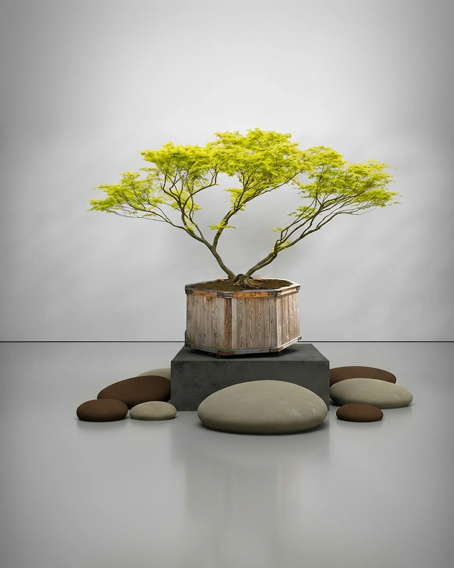 Solitärbaum kaufen: Acer palmatum 'Inaba Shidare' Nr. 9 – tiefrot geschlitzter Trauerahorn im Holzkübel auf Steinsockel